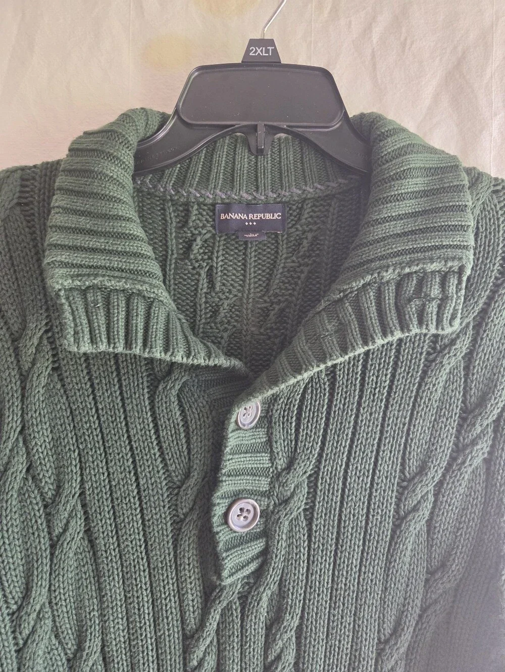 Banana Republic Sweater Mens Large Green Cable Knit Mockneck Pullover Cotton